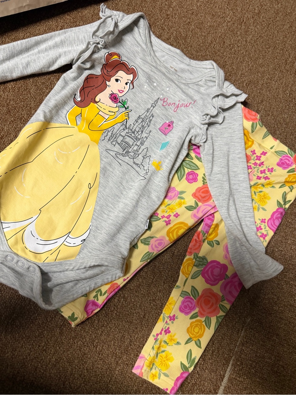 Little Sleepies Play Grey Belle Graphic Bodysuit and Yellow Floral Leggings Set
